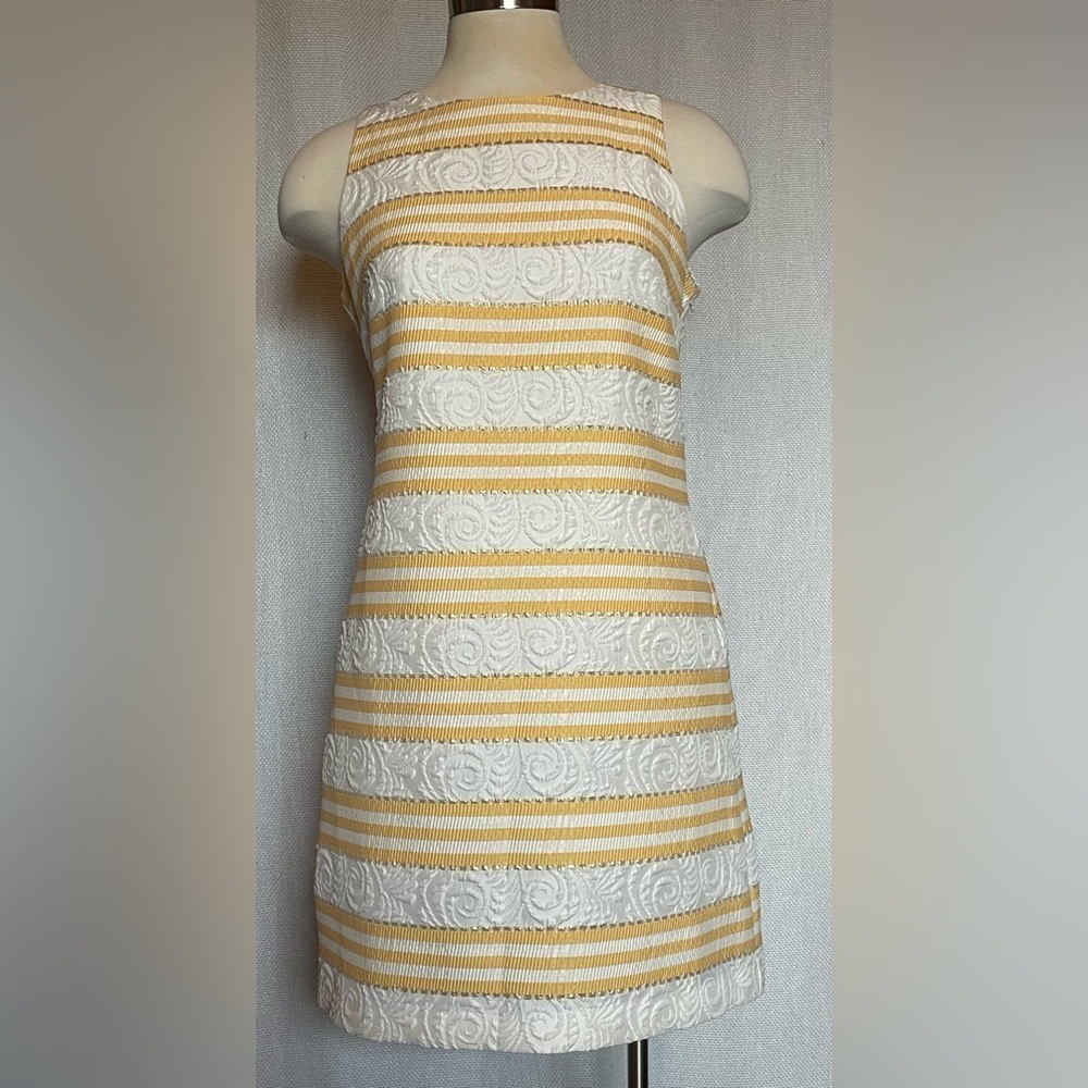 Vince Camuto yellow, white, and metallic striped brocade dress - Picture 5 of 6